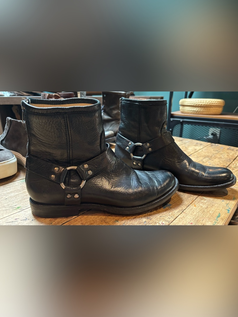 Frye Black Leather Harness Ankle Boots